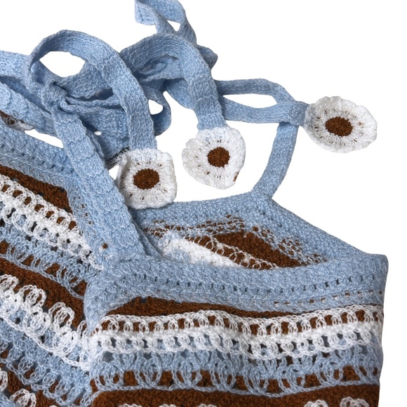 ALTAR'D STATE Crochet Knit Crop Top Floral Tie Straps Shirt Strappy Sky Blue - Picture 10 of 15